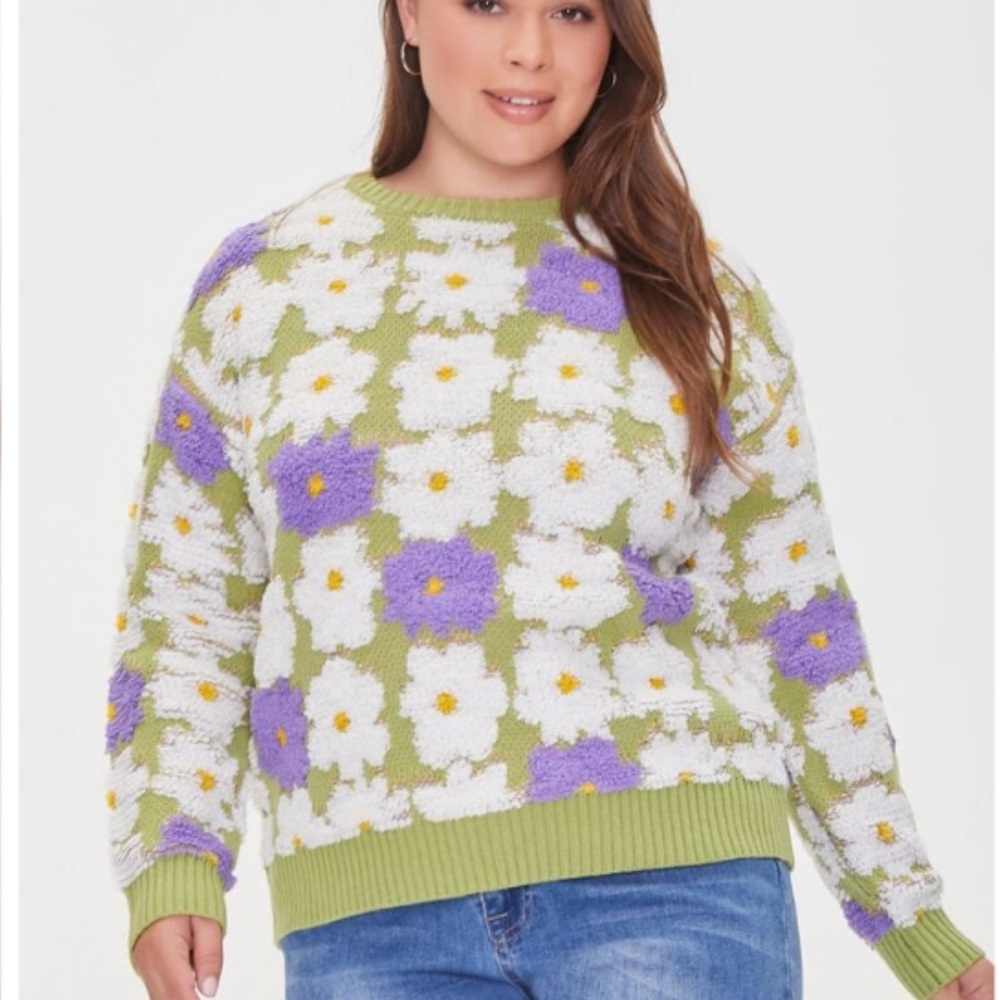 Floral Textured White Purple and Green Sweater SZ L